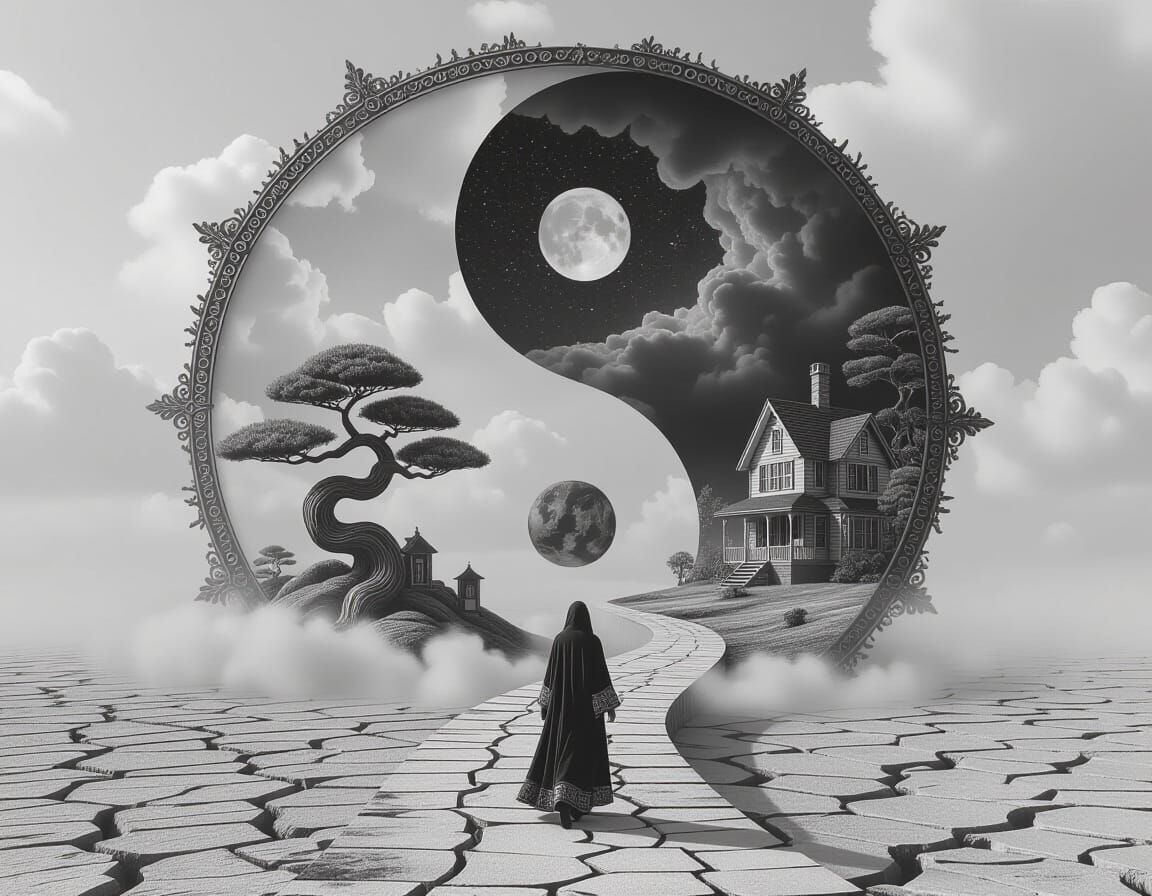 Surreal Stargate Scene in Black and White