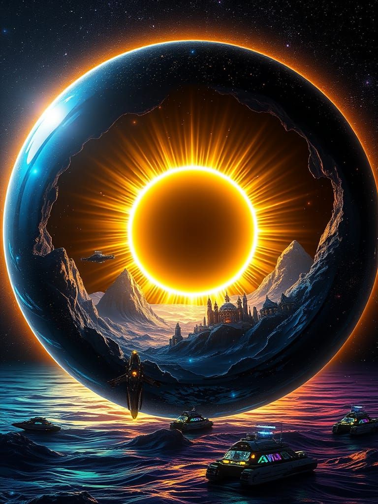 Surreal Cosmic Metropolis Amidst Iridescent Galaxy