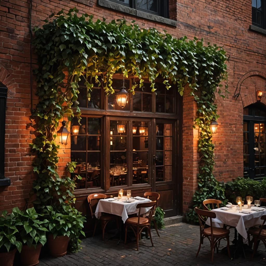 Rustic Restaurant at Night with Ivy and Candlelight