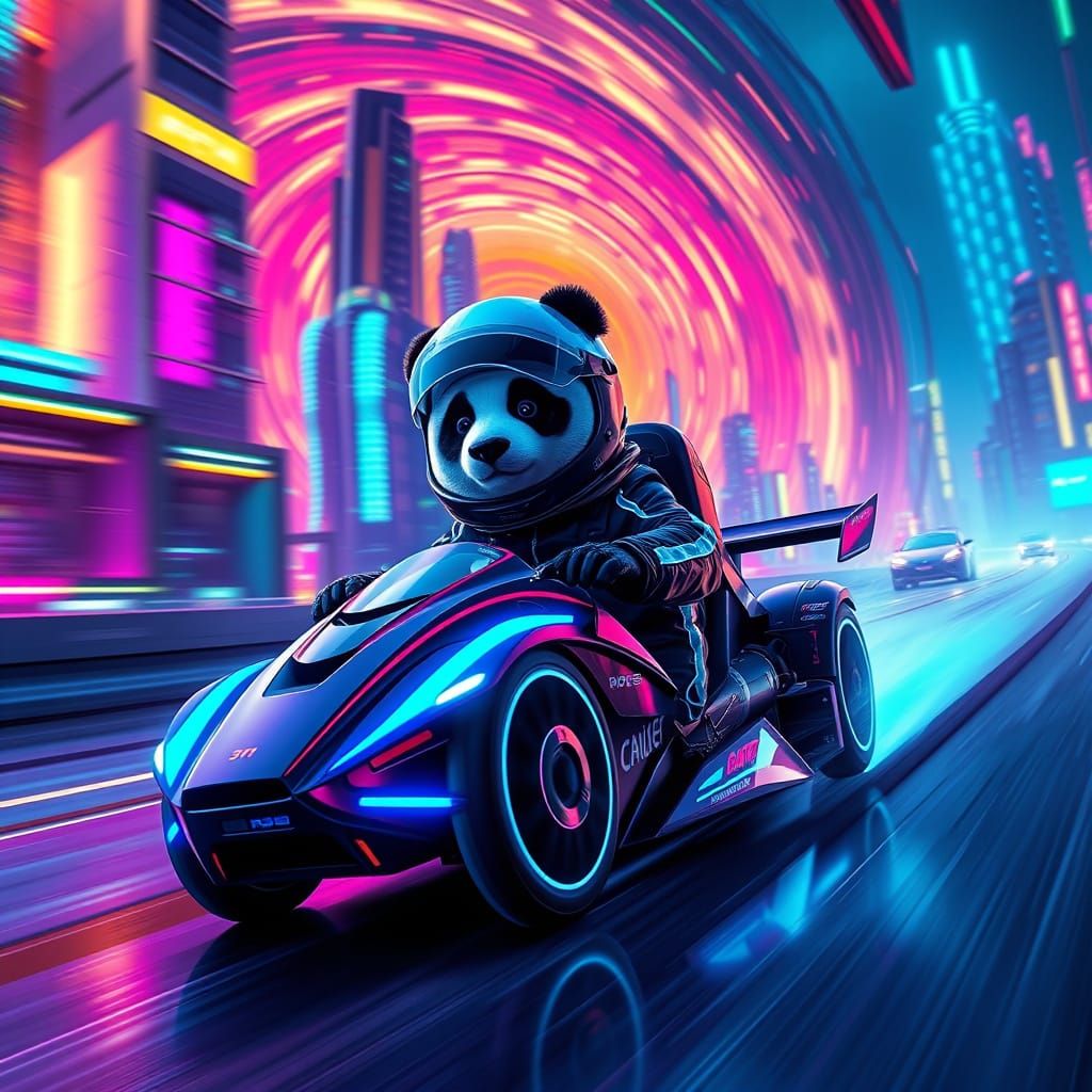 Futuristic Panda Racer Speeds Down Neon Racedeck