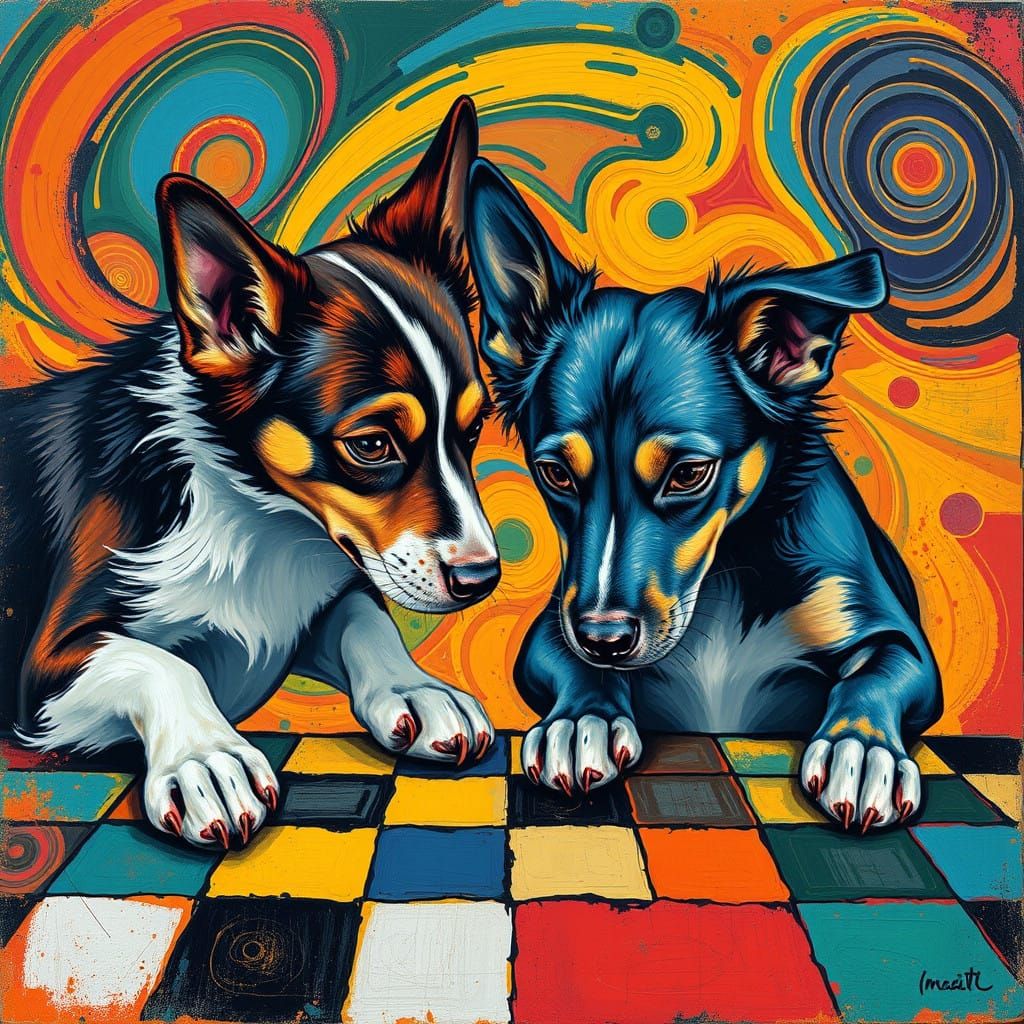 Canine Chess Masters in Vibrant Abstract Style