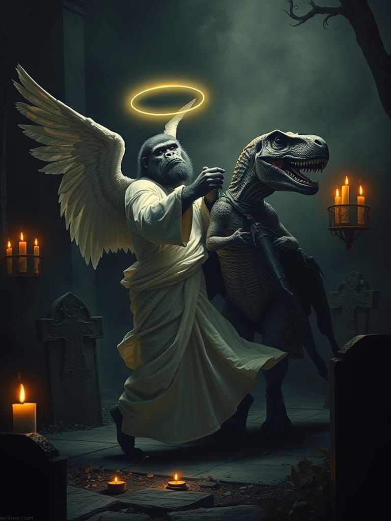 Dancing Gorilla and T-Rex in Baroque Tenebrism