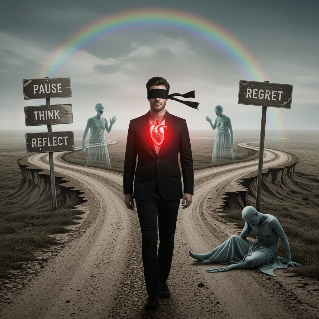 Man Guided By Glowing Heart Towards Abyss