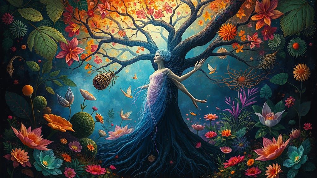 Iridescent Woman Rising from Dark Forest Floor