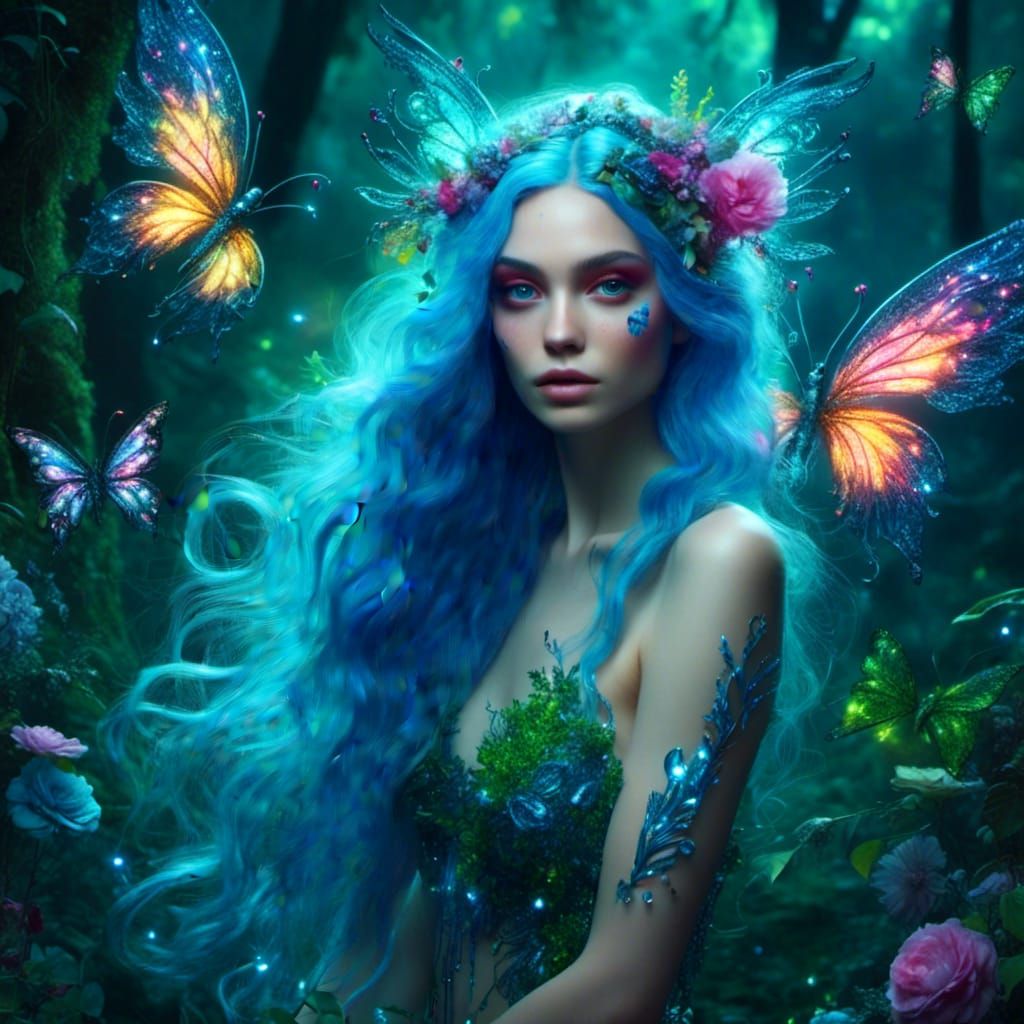 Neon Fae in Crystal Forest, Sparkling Digital Art