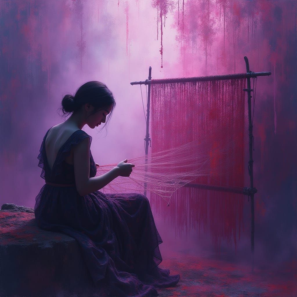 Woman Weaving Tapestry in Purple Surreal Dreamscape