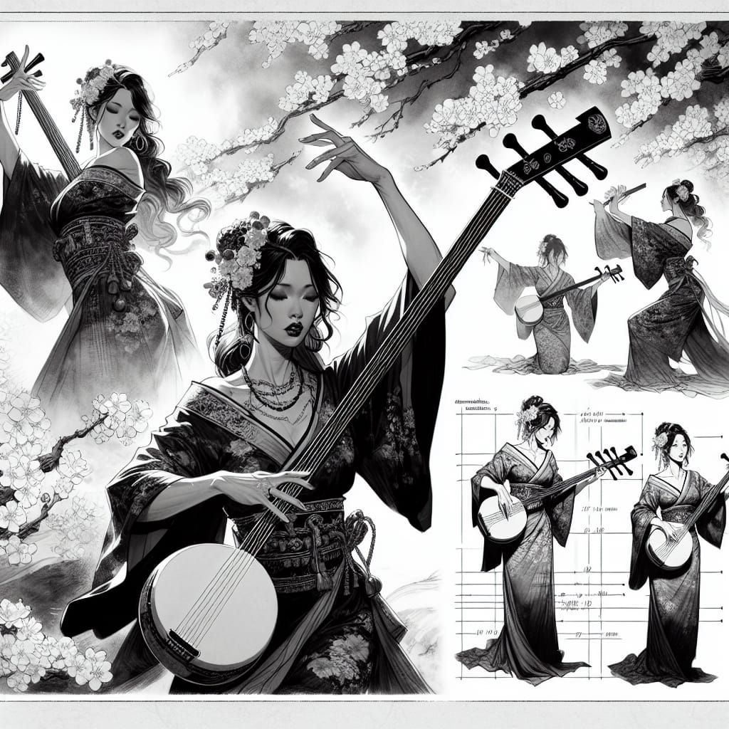 Elegant Shamisen Player in Dark Fantasy Style