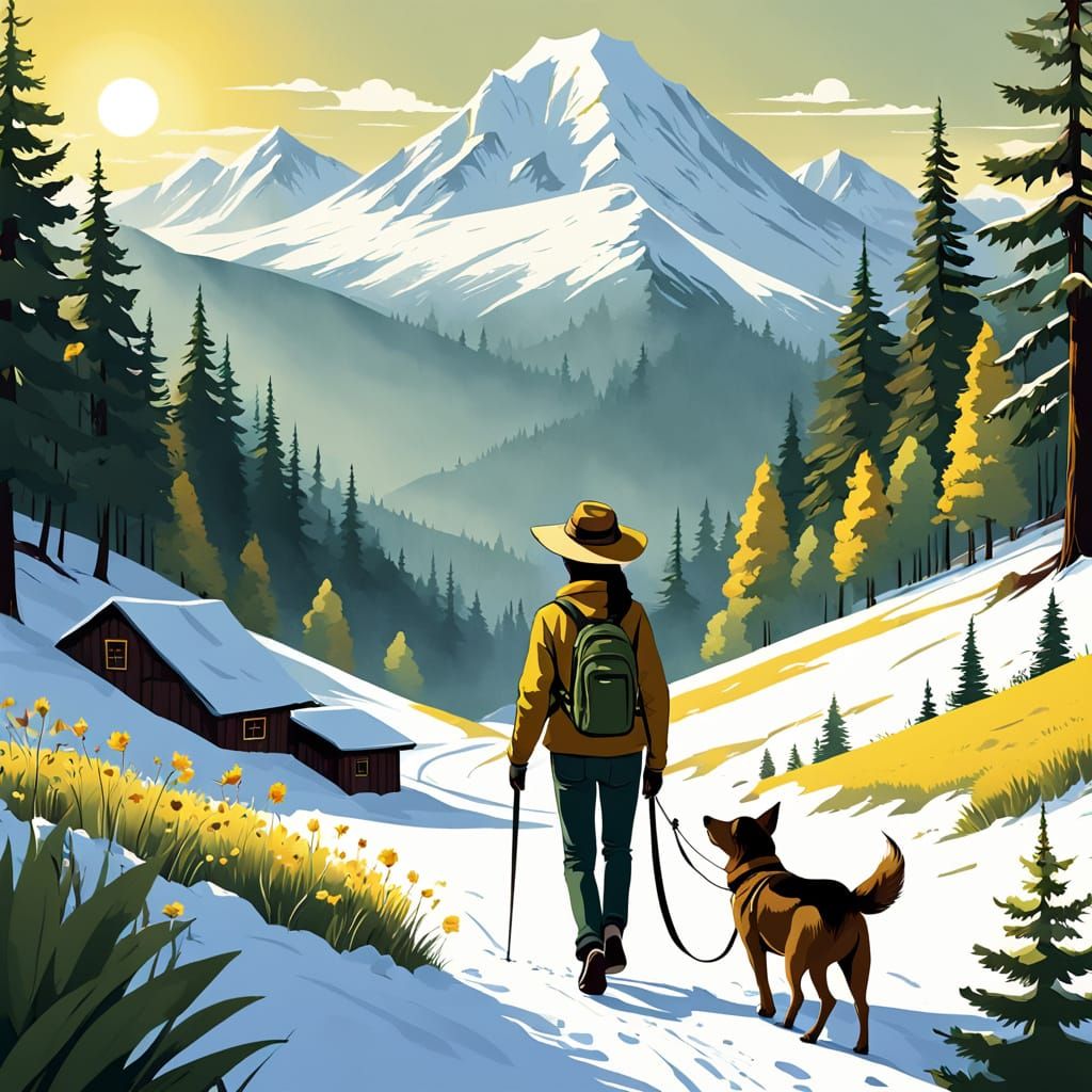 Cartoon Stick Figure Walks Dog in Mountains