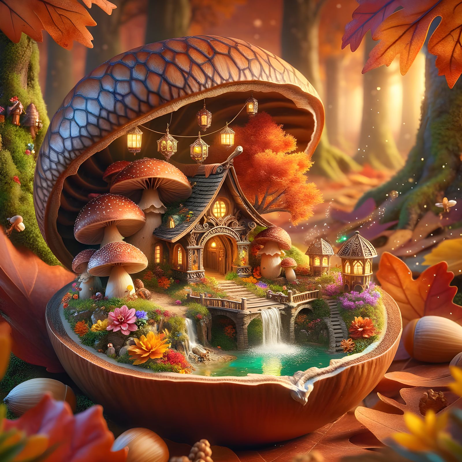 Miniature Autumn Fairy Village Inside Acorn