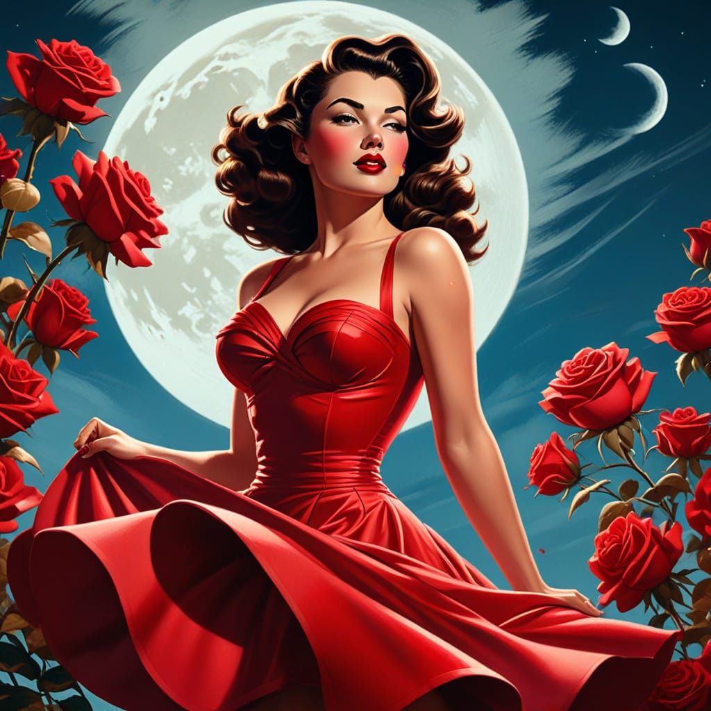 Brunette in Red Dress, Retro Pin-Up Art