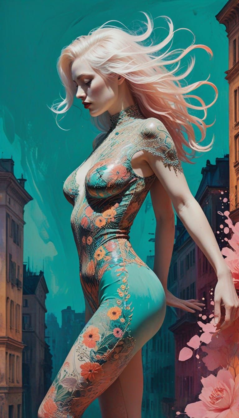 Pinup Woman in Zentangle Bodysuit, Fauvist Watercolor Style