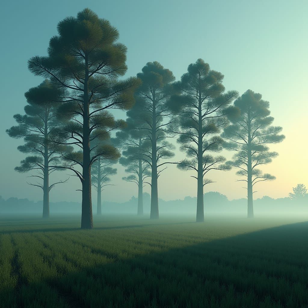 Mystical Pine Trees in Ethereal Landscape