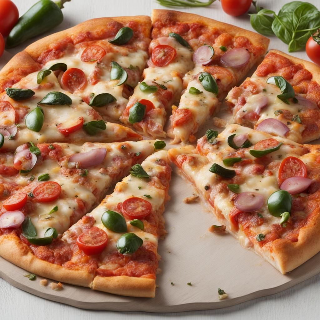 Appetizing Pizza with Vegetables, Meat and Cheese