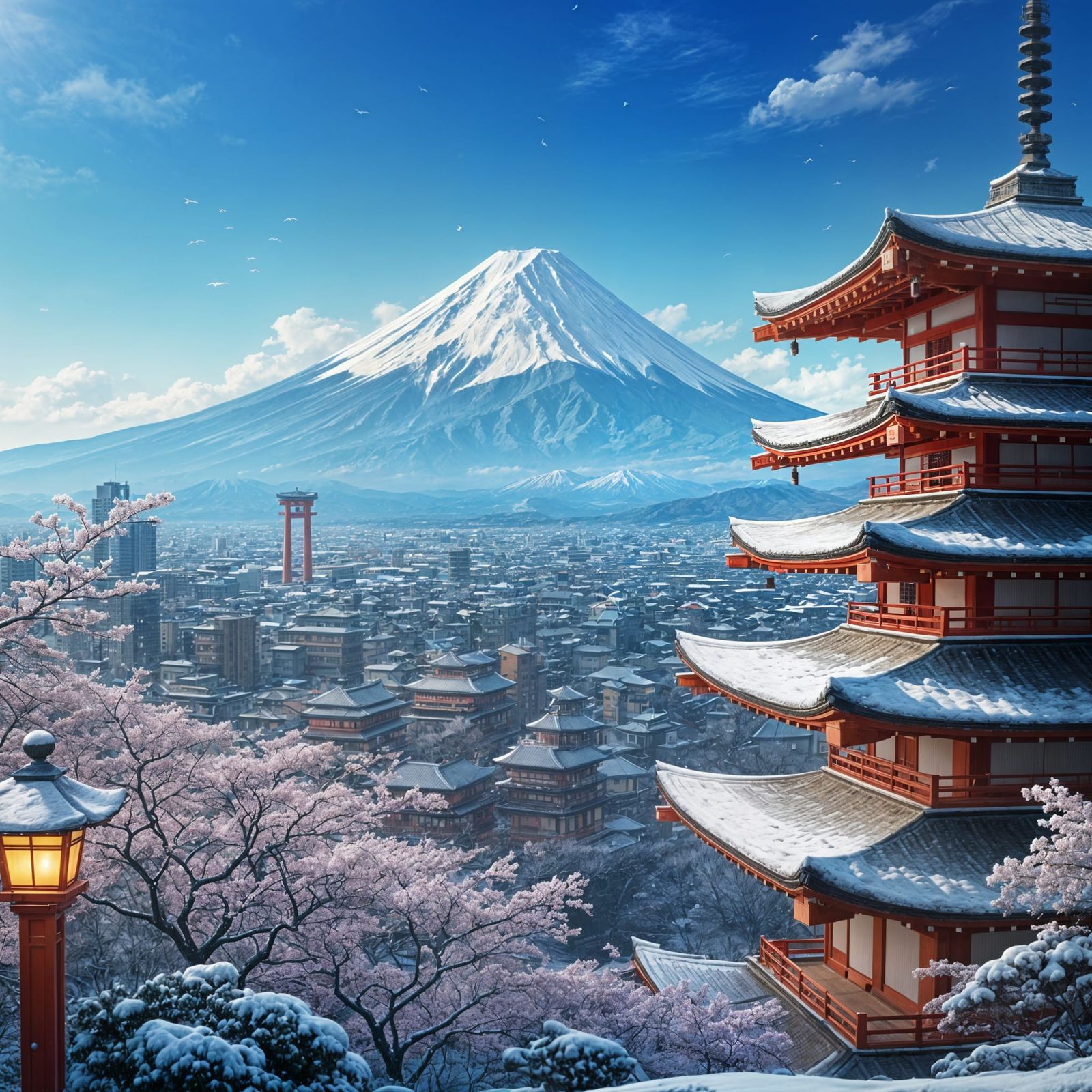 Winter Spring Landscape Inspired by Ukiyo-e in 3D Anime Styl...