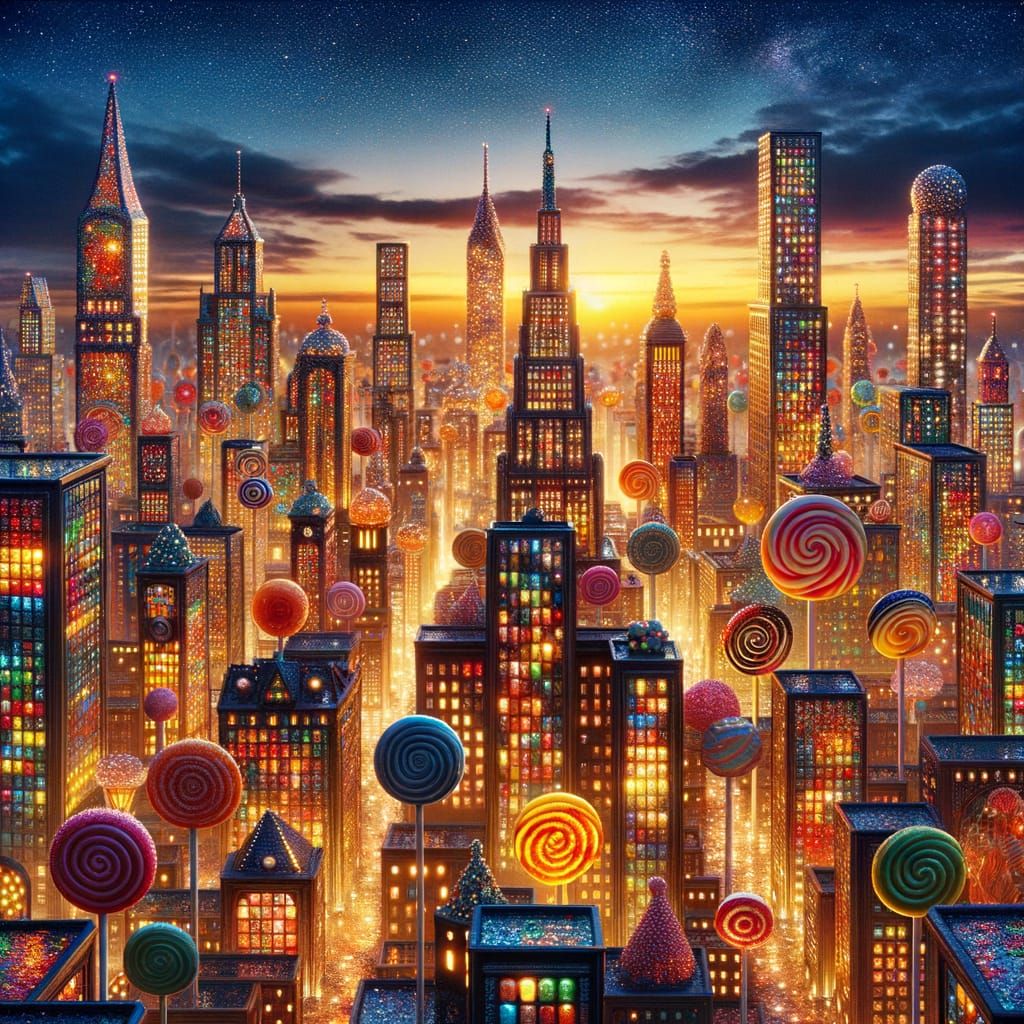 Vibrant Candy Cityscape at Dusk