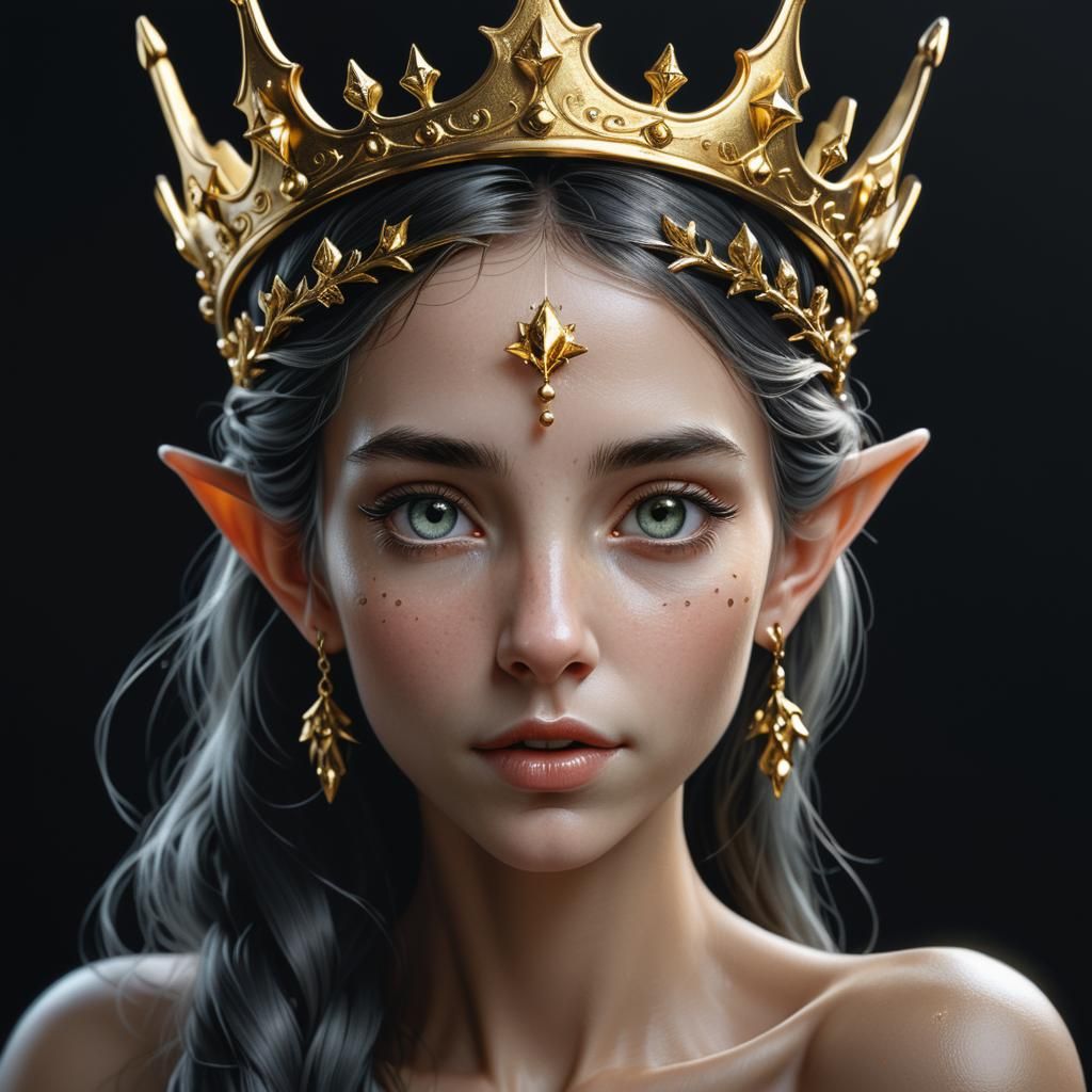 Hyperrealistic Elf Maiden in Golden Crown on Black Backgroun...