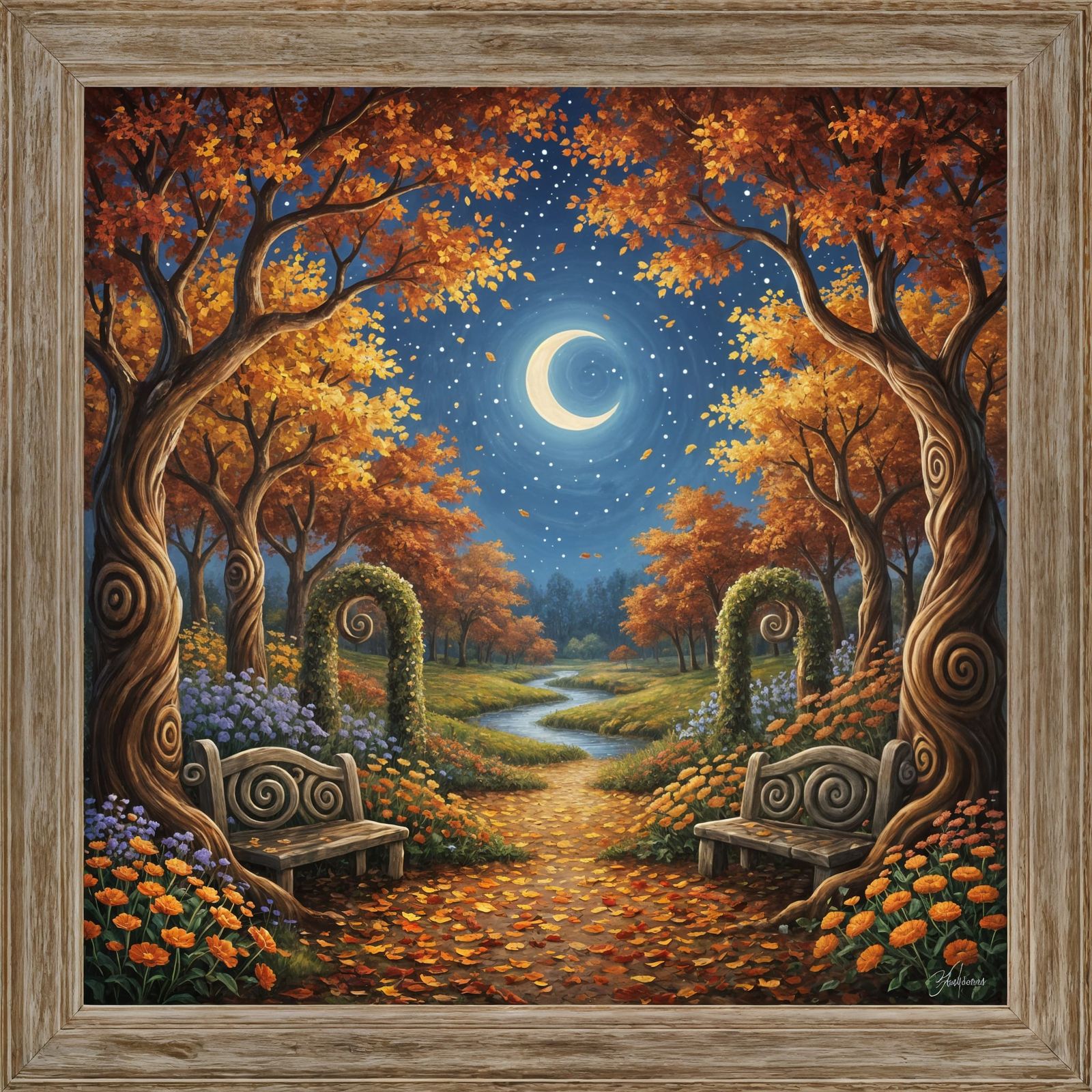 Whimsical Autumn Garden in Oil Painting Style