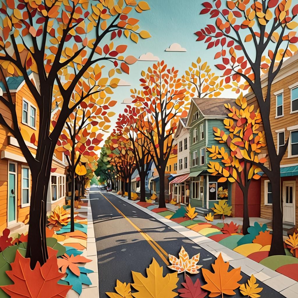 Colorful Paper Collage Autumn Town Street
