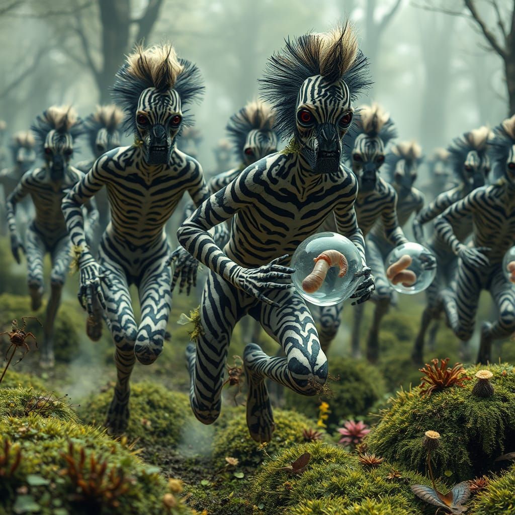 A horde of zebra-striped humanoids,