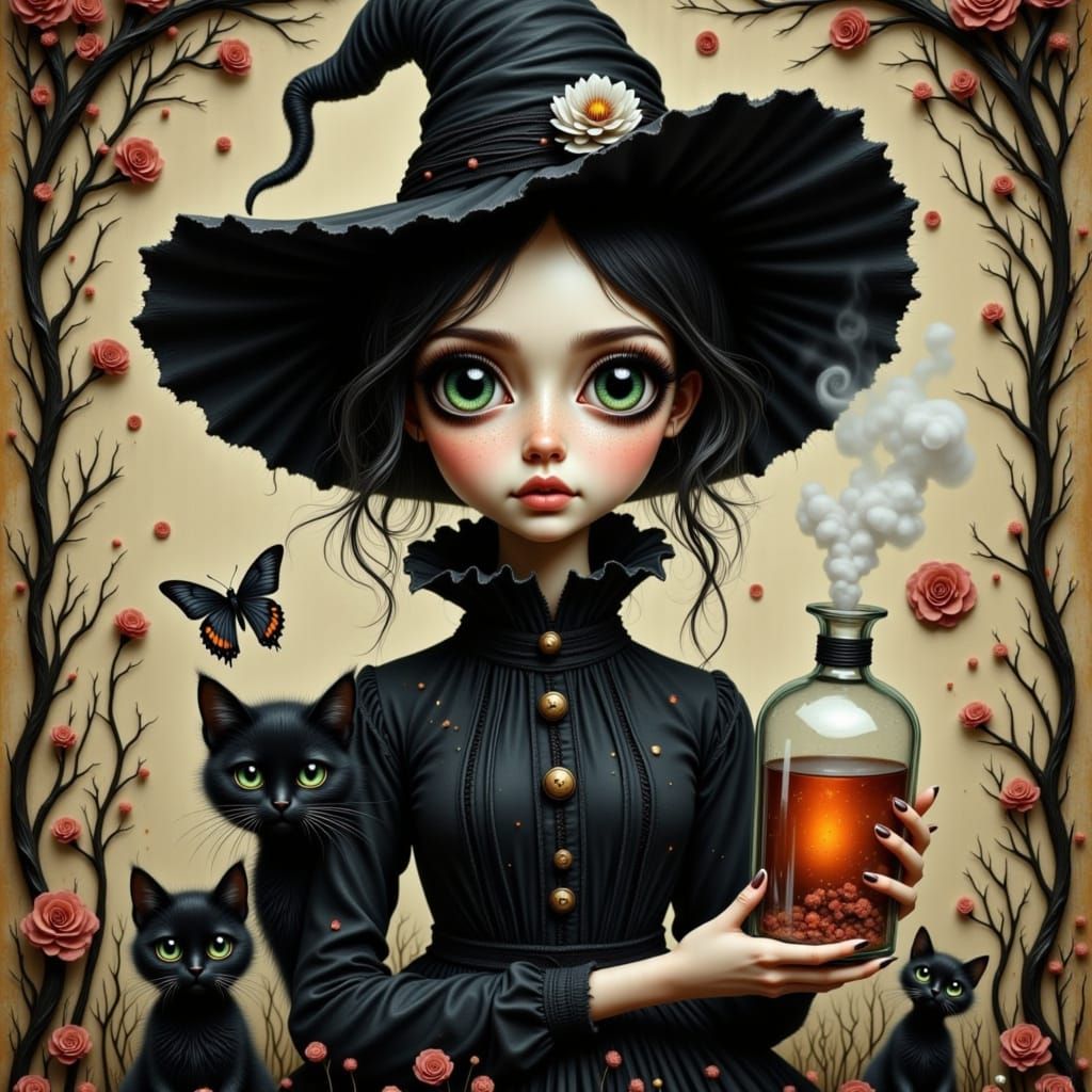 Whimsical Witch with Cat and Potion, Fairytale Art