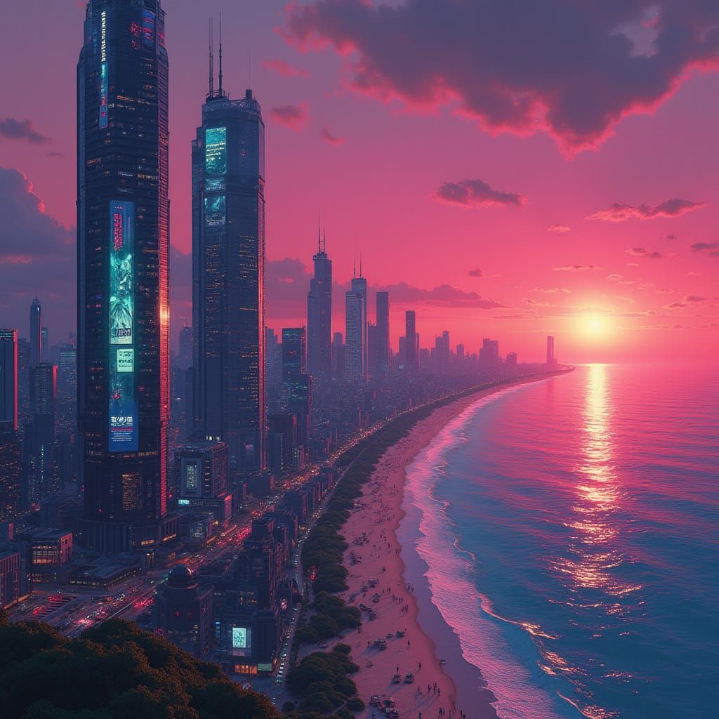 Futuristic Cityscape at Sunrise, in Synthwave Style
