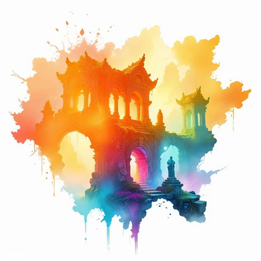 Surreal Landscape with Ancient Temple in Vibrant Mists