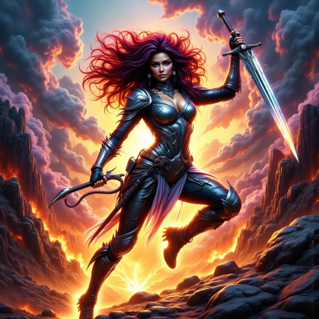 Warrior Woman in Dynamic Action Pose