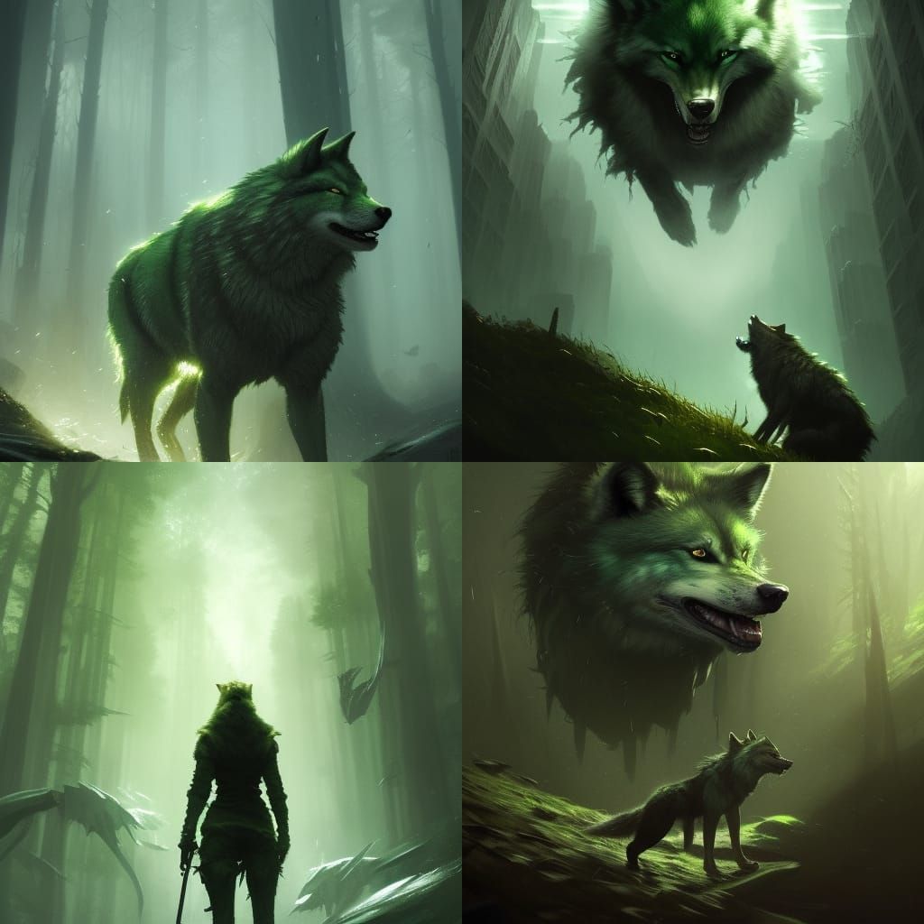 Green Wolf Reflection: Dark Fantasy Art