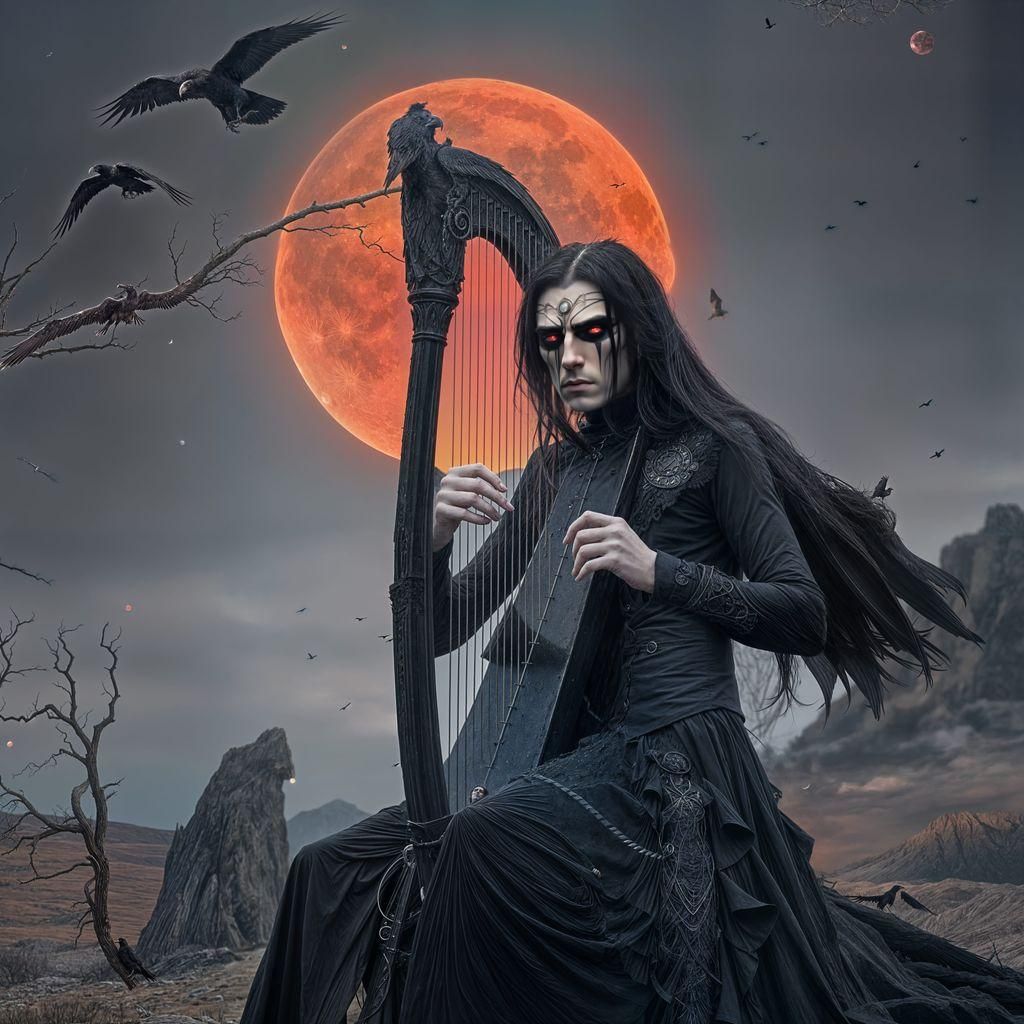 Gothic Harpist in Barren Landscape