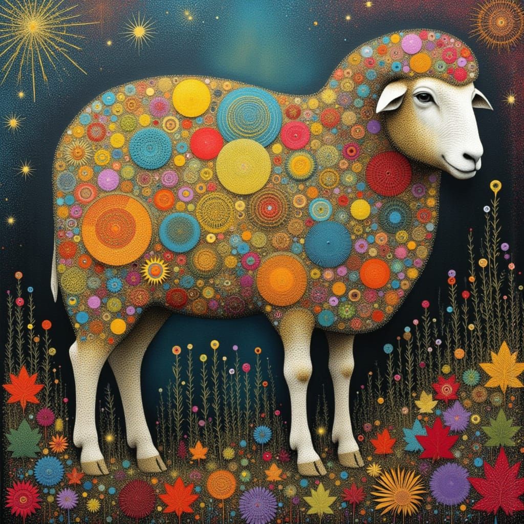 Surreal Sheep in Autumn Rain as Mixed Media Scratch Art