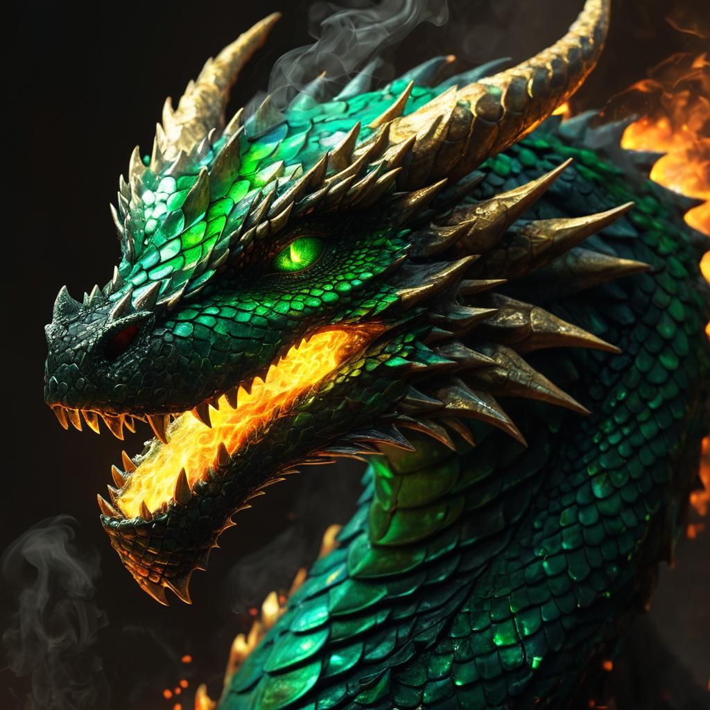 Vibrant Dragon Ignites with Emerald Flames in Cyberpunk Styl...