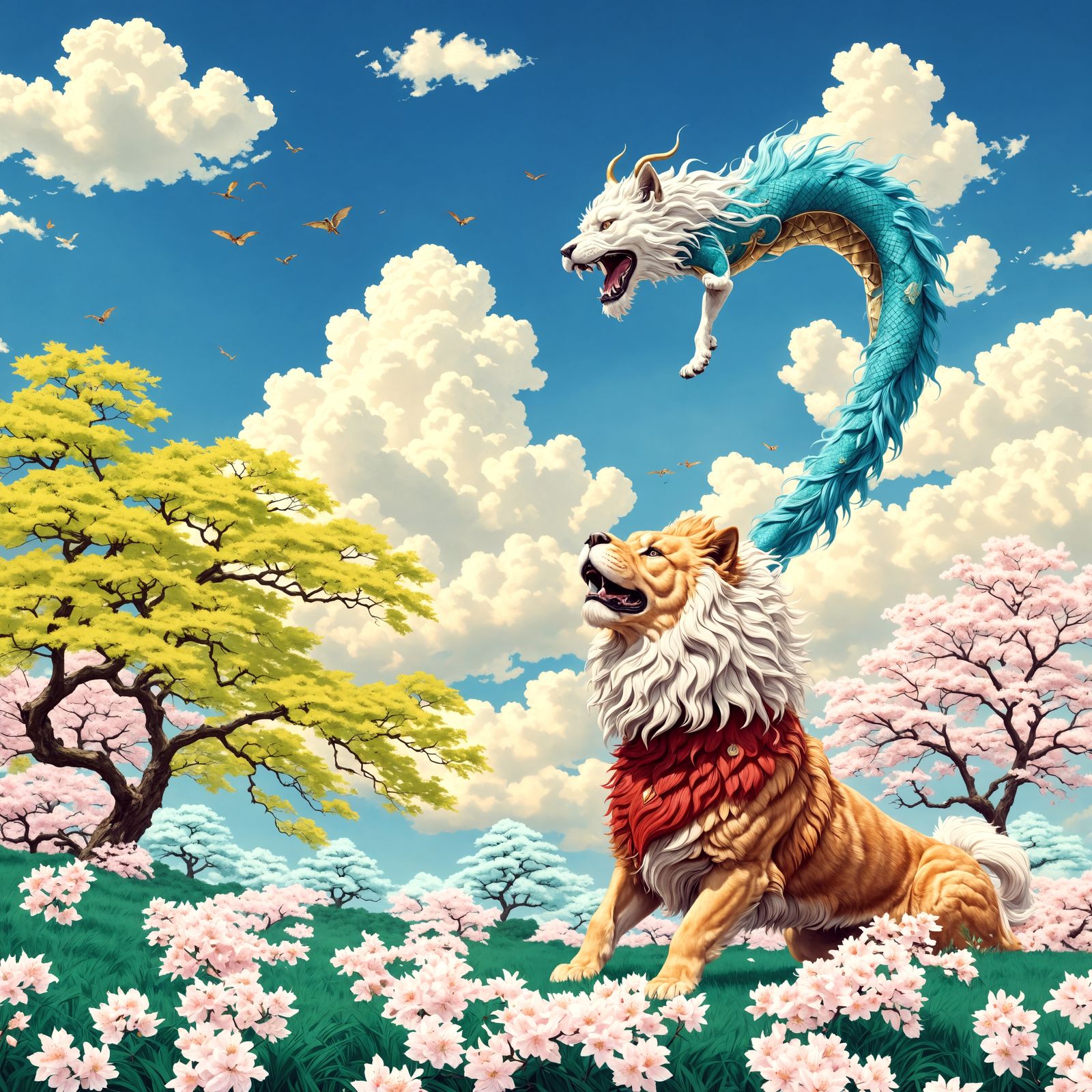 Chinese Lion Dog and Japanese Dragon in Flight