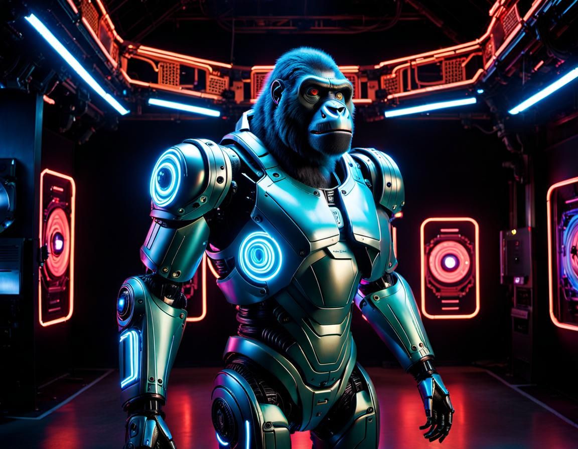 Bioluminescent Cyberpunk Gorilla in Neon Cityscape