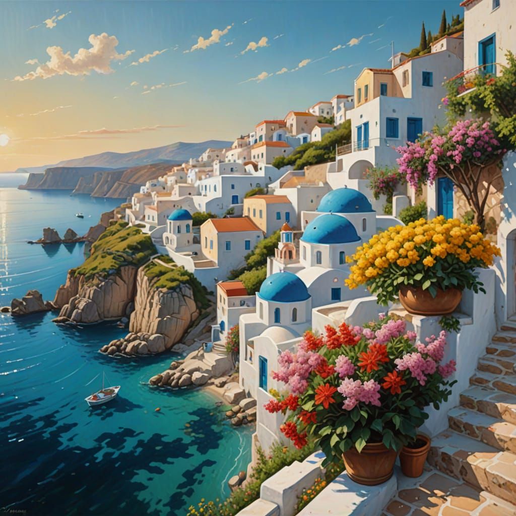 Colorful Greek Village by the Sea: Hyperrealistic Oil Painti...