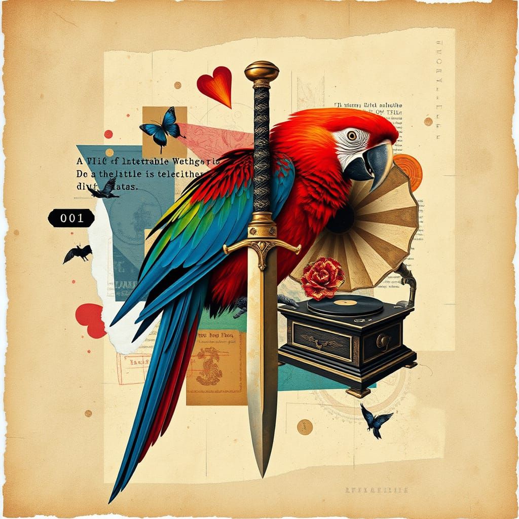 Abstract Collage: Parrot, Dagger, Phonograph in Mixed Media