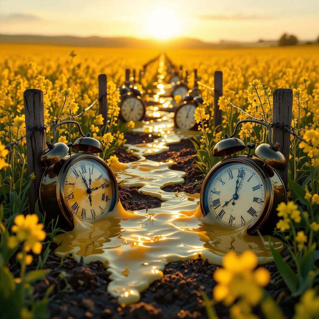 Melting Clocks in Canola Field: Surreal Art