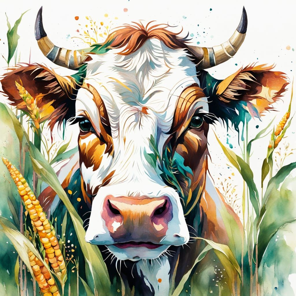 Cow in Cornfield: Expressive Watercolor Portrait