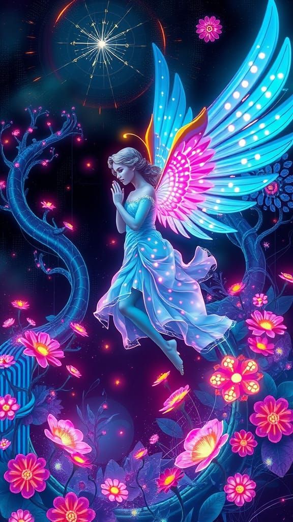 Bioluminescent Angel in Cyberpunk Art Nouveau Style