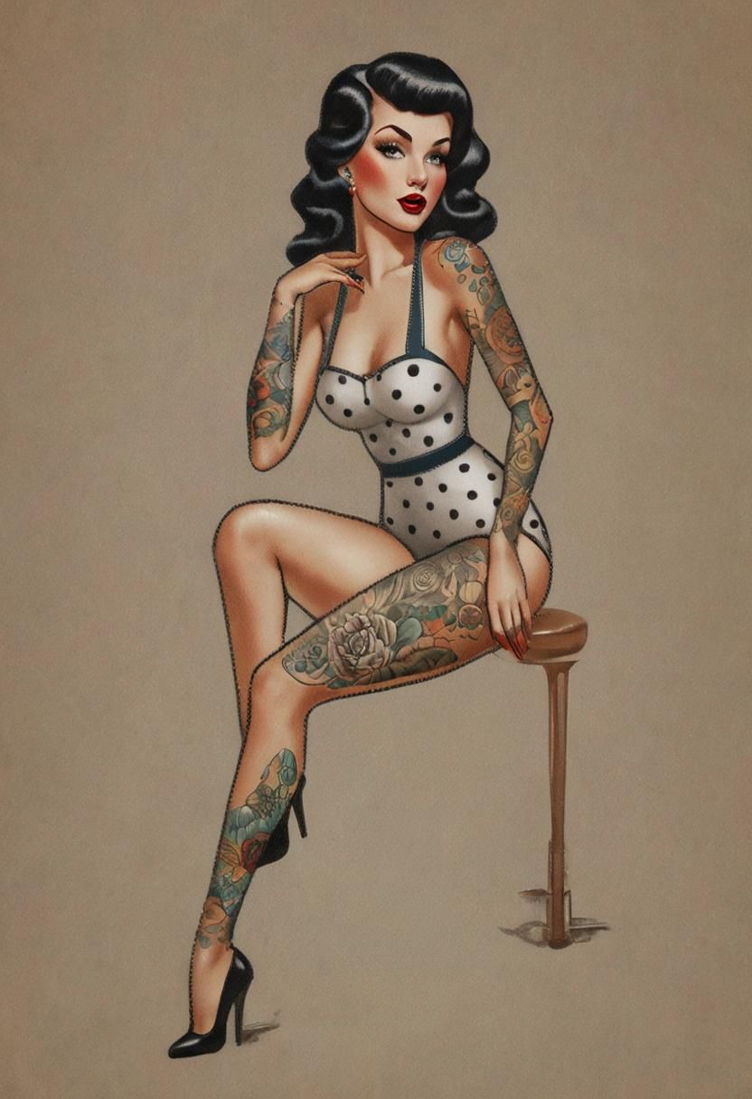 Tattooed Pin-Up Model in Vintage Style