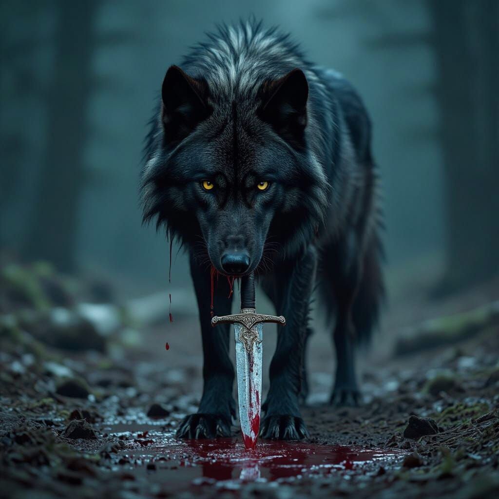 Dark Wolf Steps on Bloodied Bejeweled Dagger