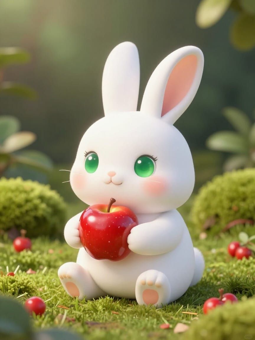 Cute Chibi Bunny Holds Red Glass Apple in Moss Garden