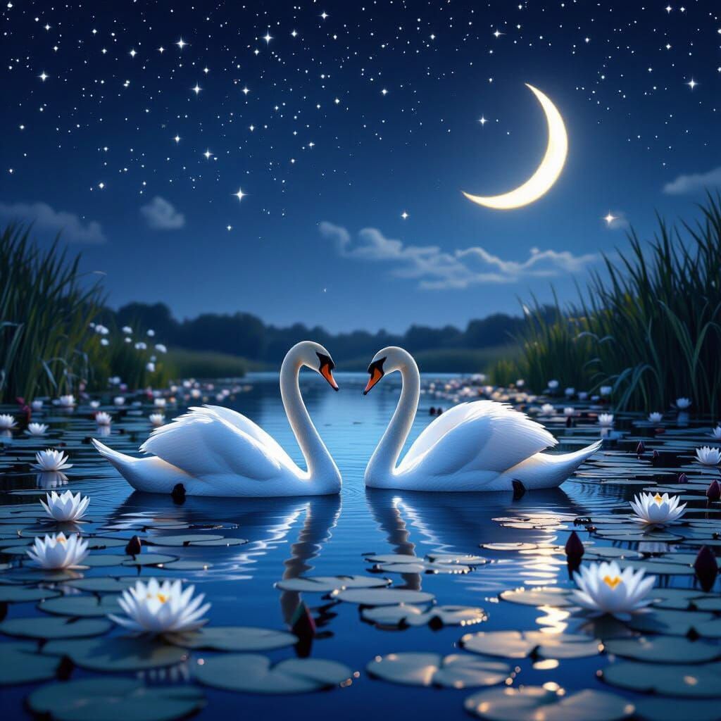 Two Swans on a Lily Pond Under a Starry Night Sky