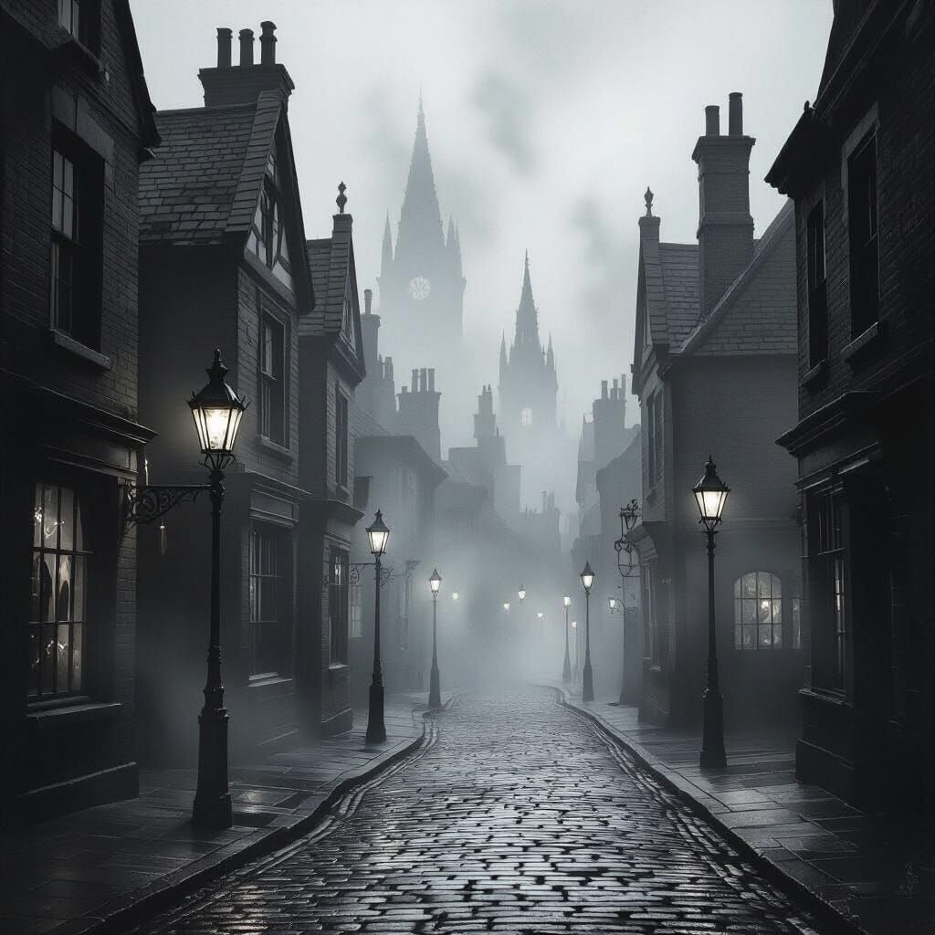 Haunting Victorian London Fog in Black and White