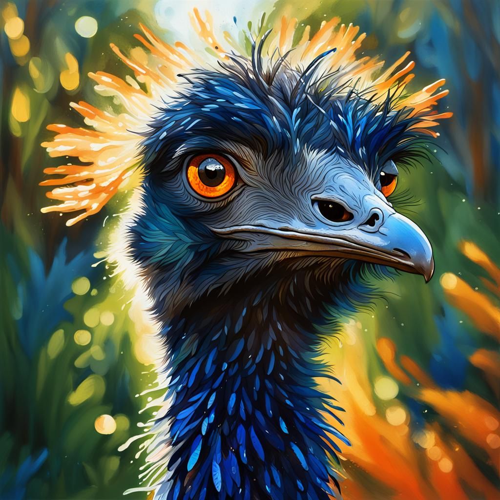 Emu Portrait in Oil and Ink Illustration