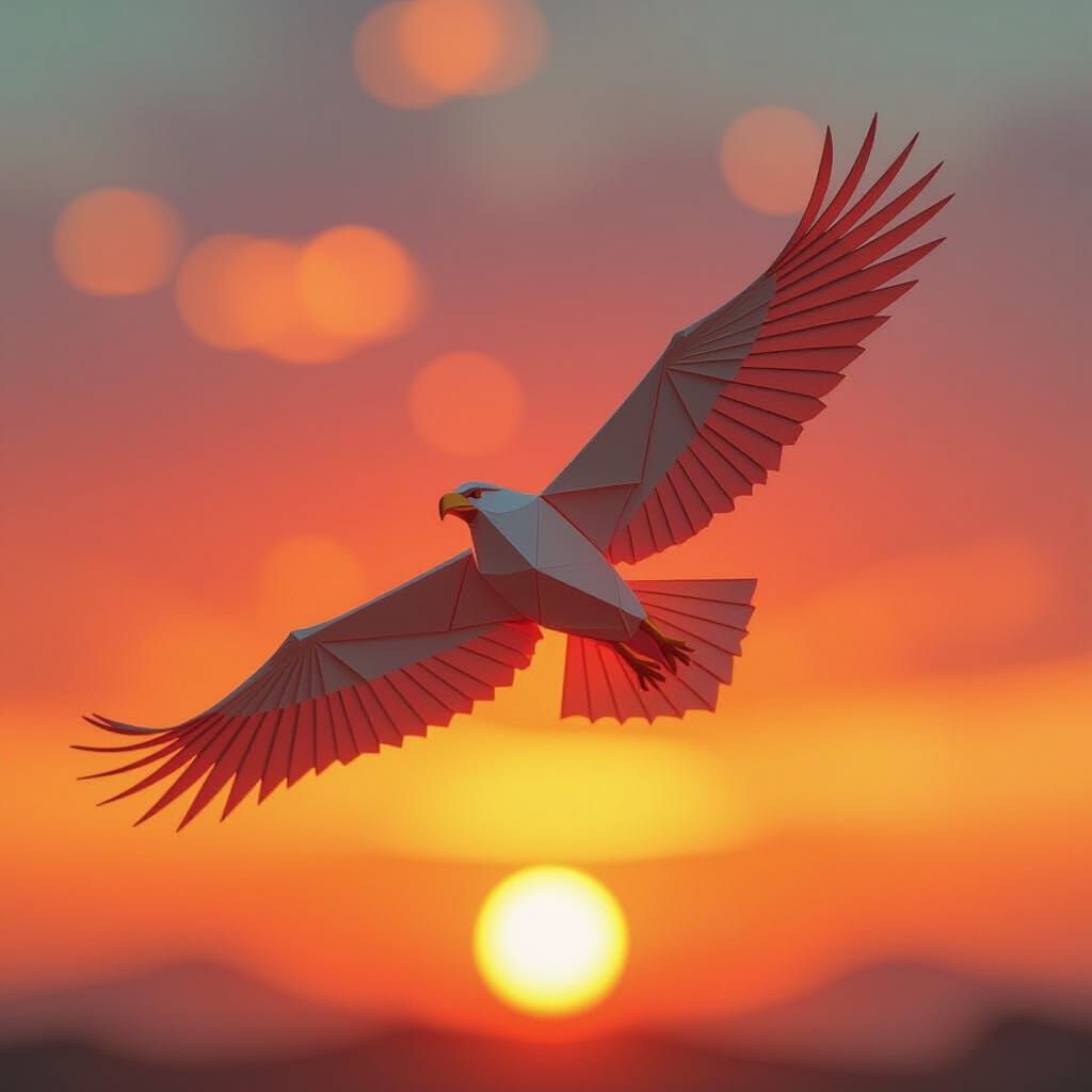 Eagle Soaring in Origami Sunset Sky