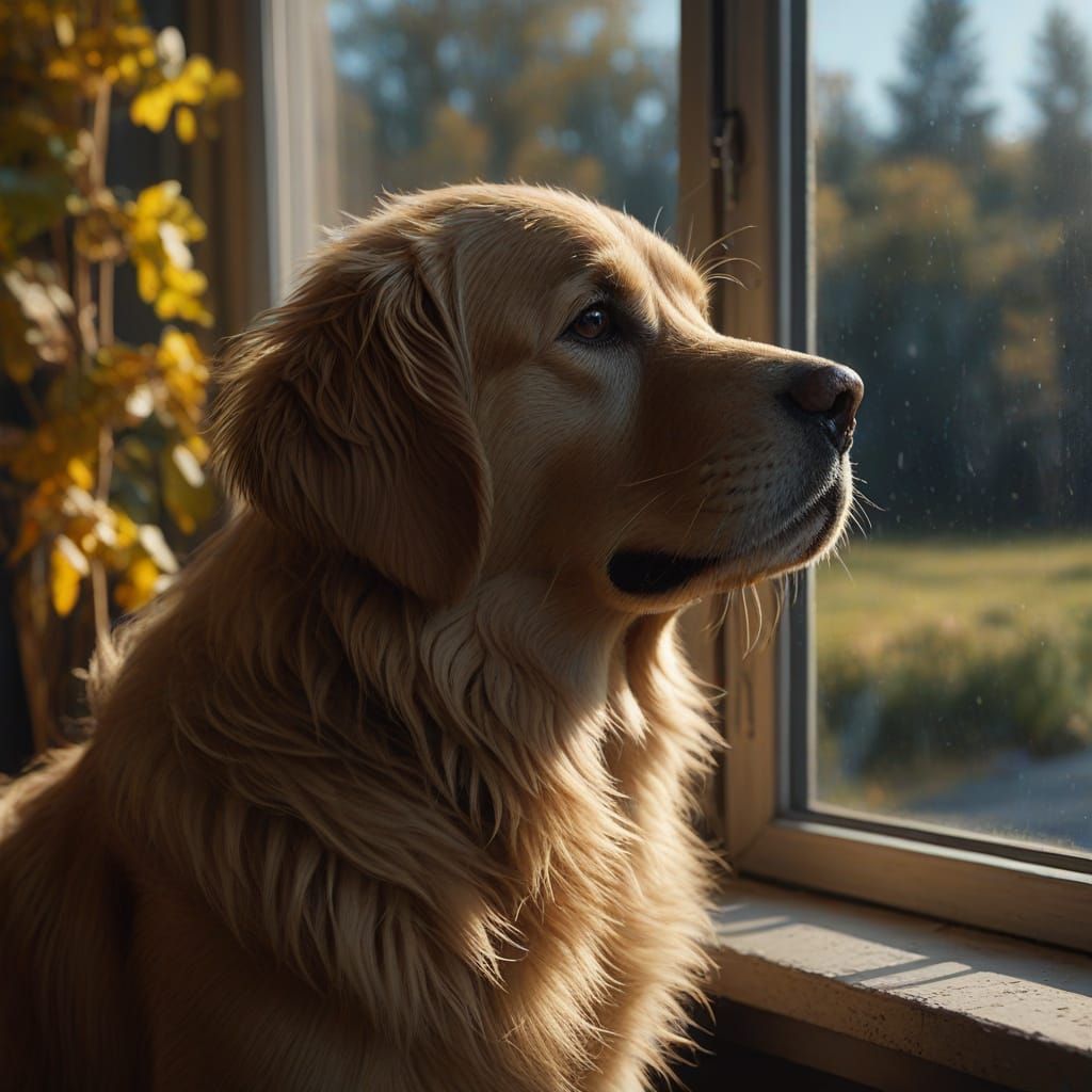 Golden Retriever Watches Rainy Driveway in Photorealistic Ma...