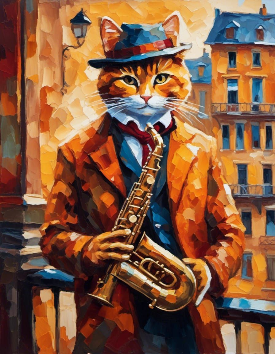 Cool Cat Saxophonist in Paris: Expressionist Oil Painting