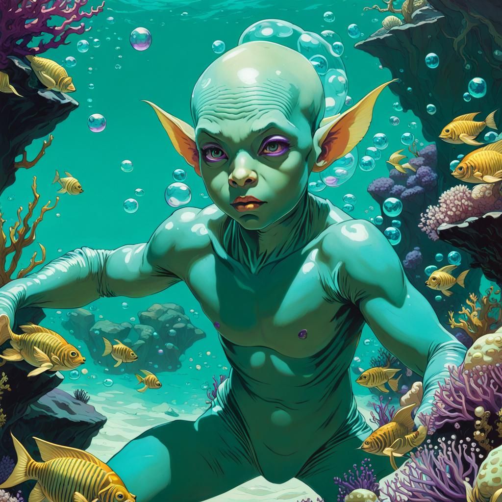 Glossy Turquoise Goblin Children Play in Reef