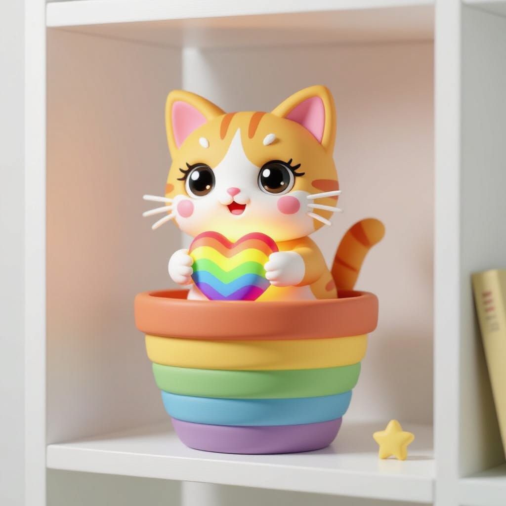 Cute Anime Clay Kitty with Rainbow Heart