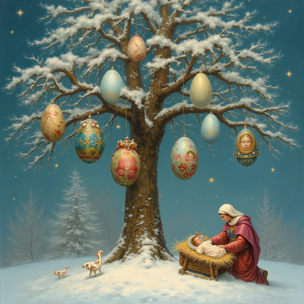 Christmas Tree Decorated with Whimsical Easter Eggs in a Nor...